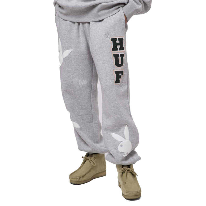 HUF X PLAYBOY RABBIT HEAD FLEECE PANT Grey Heather voorkant grijze joggingbroek  Revert95.com